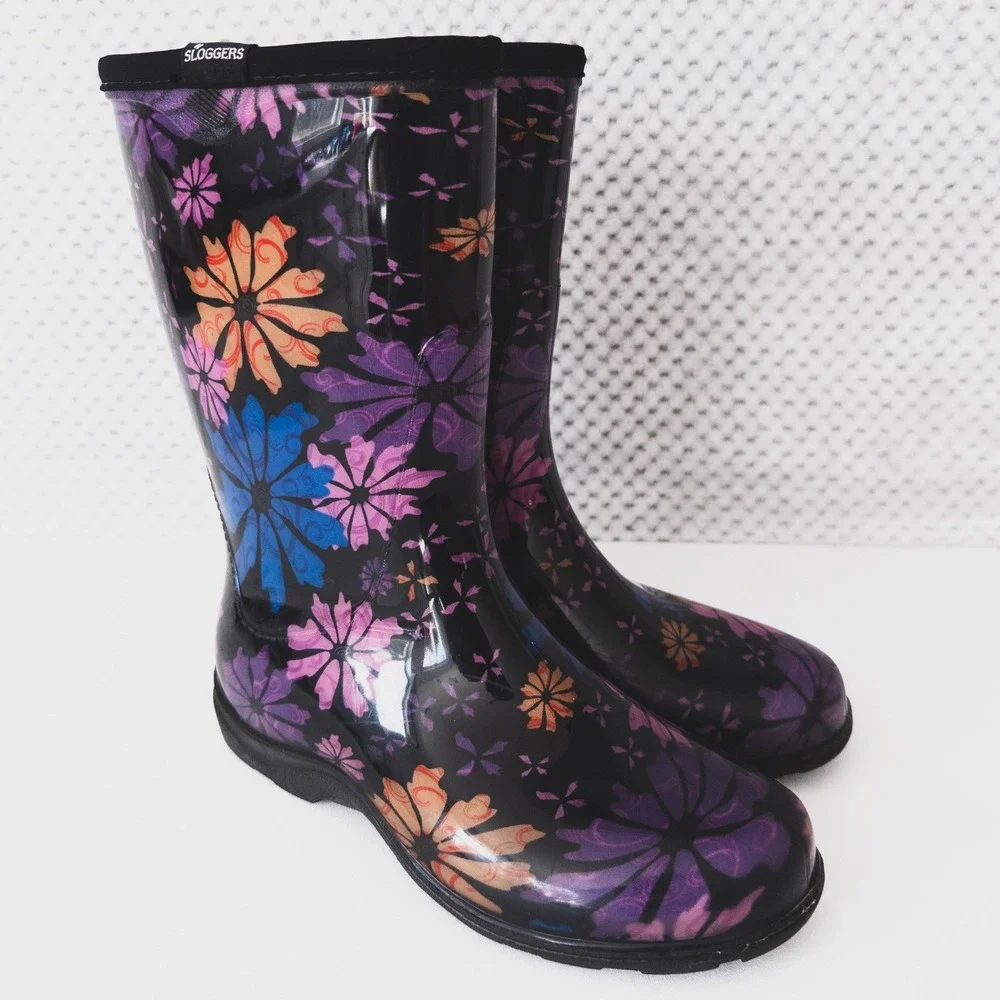 Sloggers‎ Rain Boots Women Size 7 Black Floral Waterproof Garden Mid Calf Boots